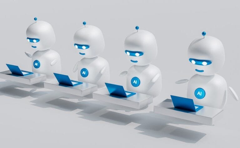 Ai Agents Vs Chatbots: What’s The Real Difference? 2 A Group Of White Robots Sitting On Top Of Laptops